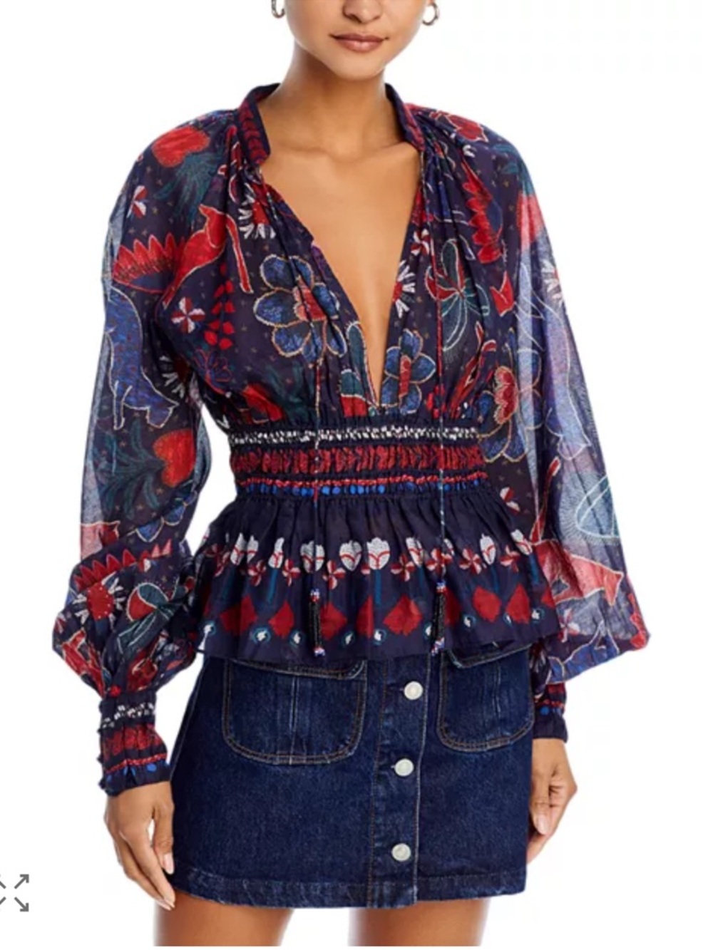 FARM Rio Navy Floral Smocked Peasant Blouse with Red and Blue Prints